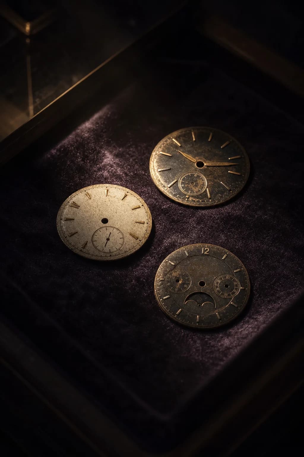 Watch dials resting in a darkened display vitrine
