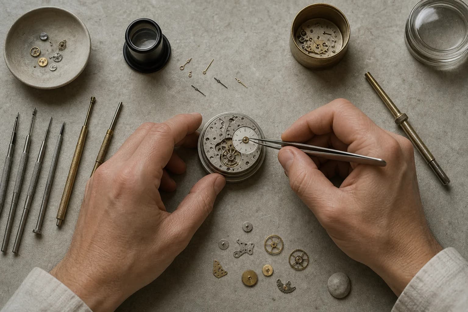 A watchmaker's tools arranged on a stone bench